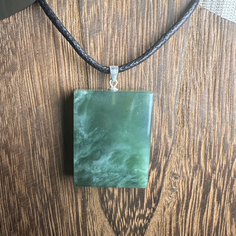 Xiuyan Jade Rectangle Pendant Necklace on Black Rope